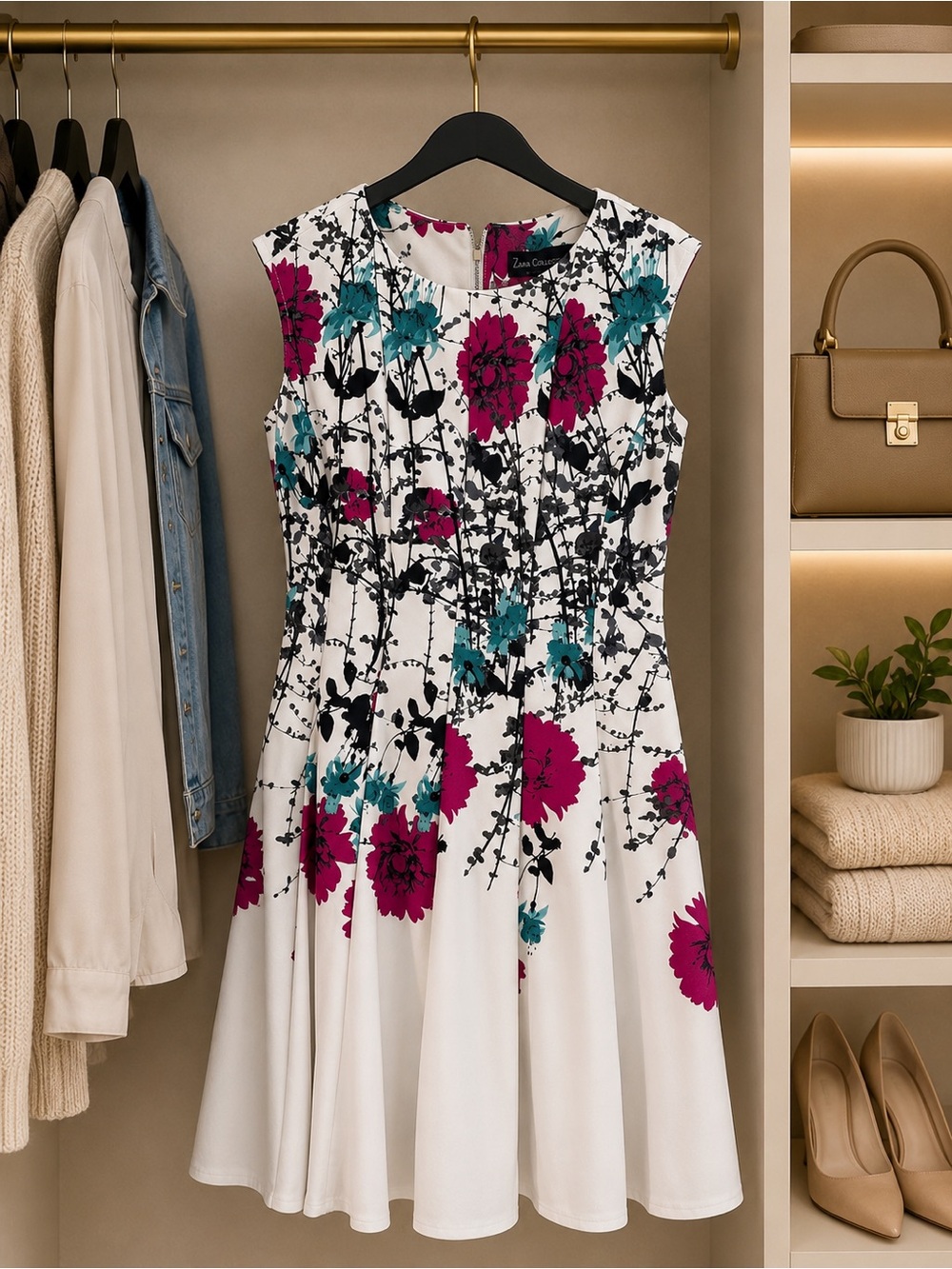 White Floral Fit-and-Flare Dress with Pink and Teal Blooms